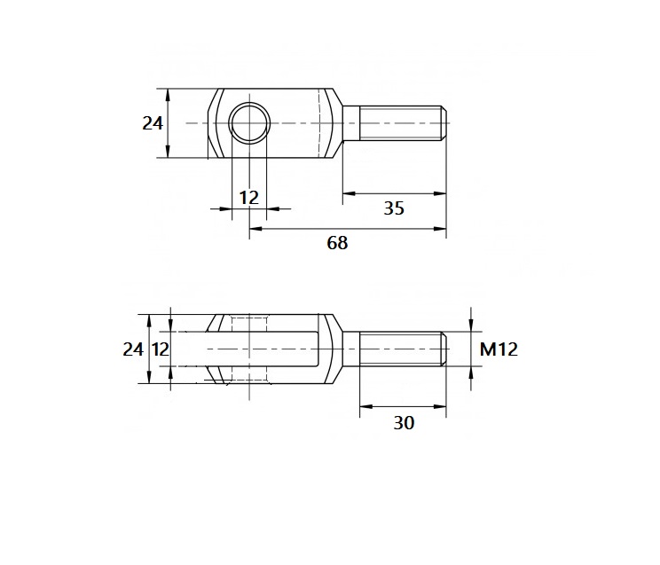 Endestykke, gaffel fitting, stål, M12, længde = 68 mm