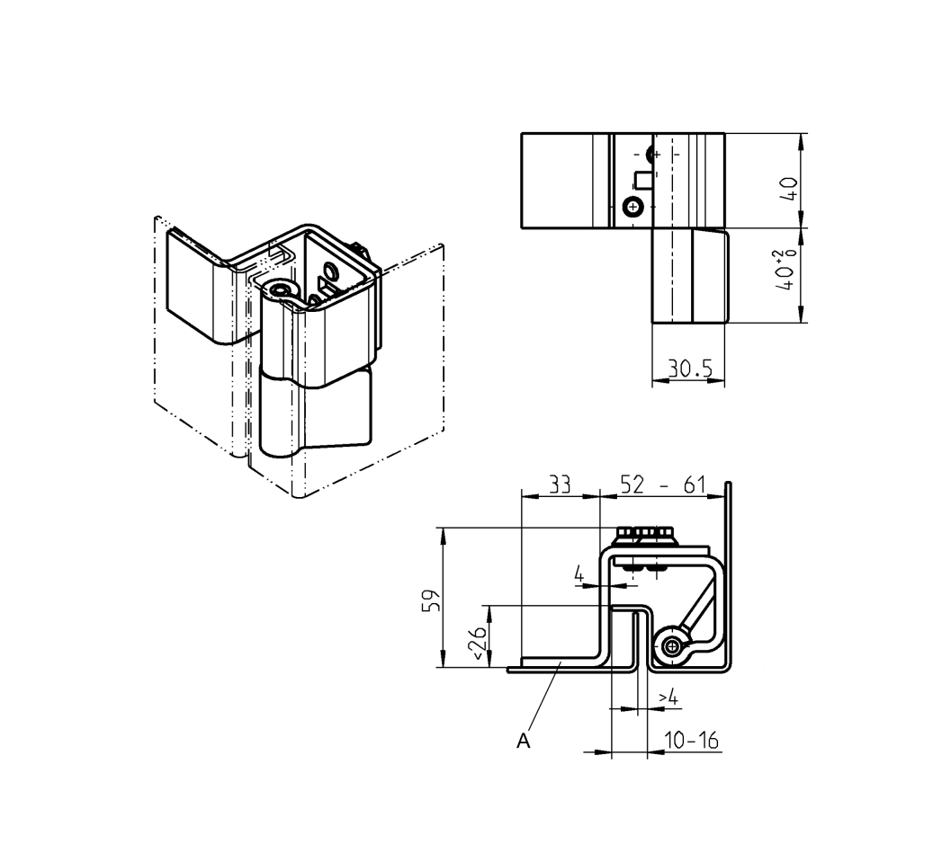 Kabinethængsel, rustfrit stål, indvendig skjult, lift off dorn, L=80, B=94, H=59