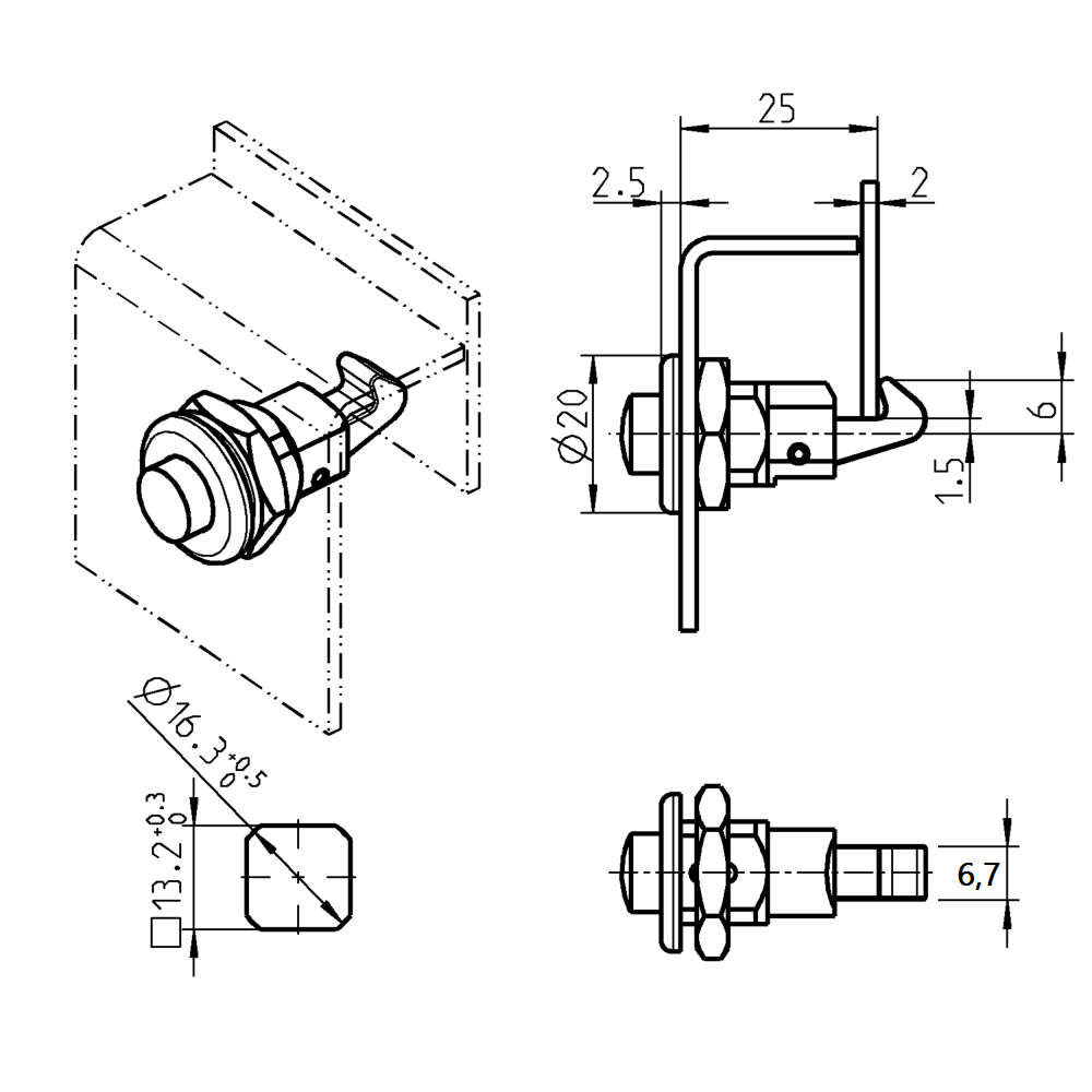 Smæklås, trykstøbt zink, møtrik, længde=6, bredde=6,7, højde=2,5