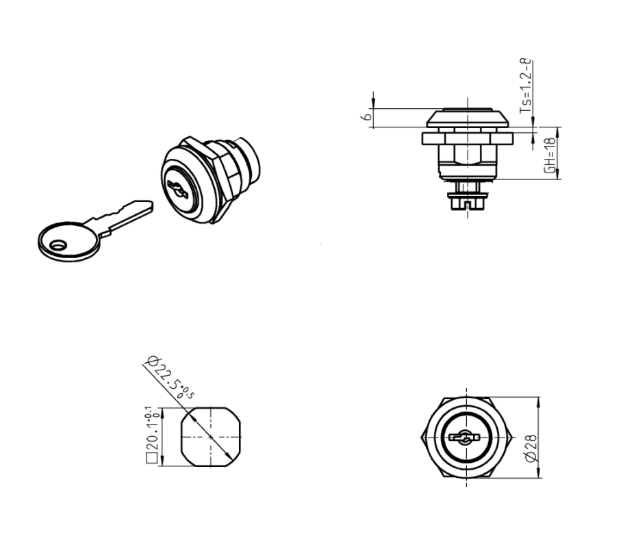Låsehus med cylinderlås, enslåsende ek333, glasfiberforstærket polyamid, L=mm, GH=18mm, pladetykkelse=1,2-8mm