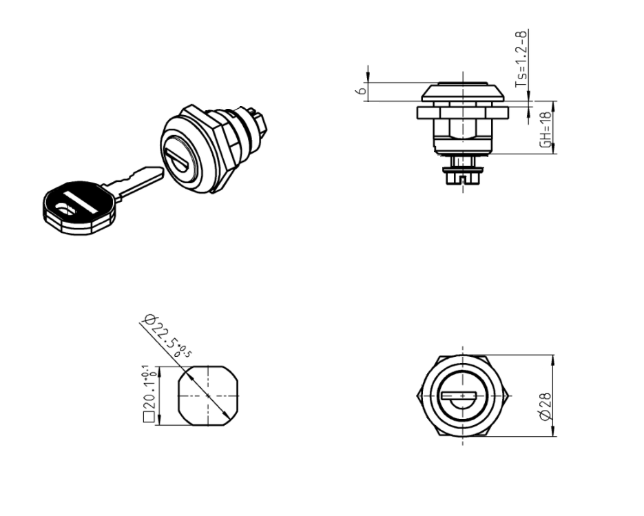 Låsehus med cylinderlås, enslåsende ek333, syrefast stål, L=mm, GH=18mm, pladetykkelse=1,2-8mm