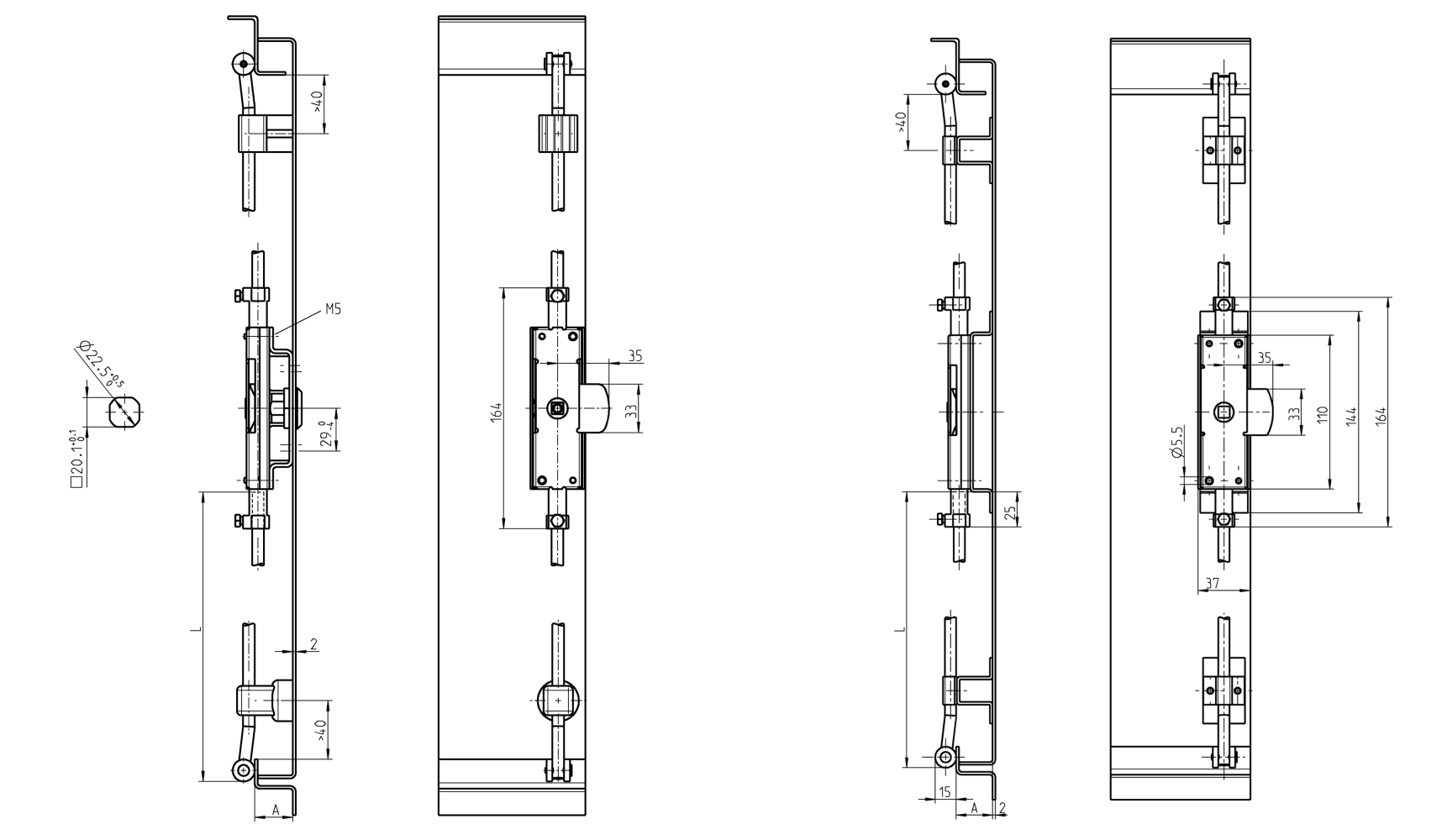 Låsekasse, stål, universel, L=164, D=8, A-mål=20 og 26