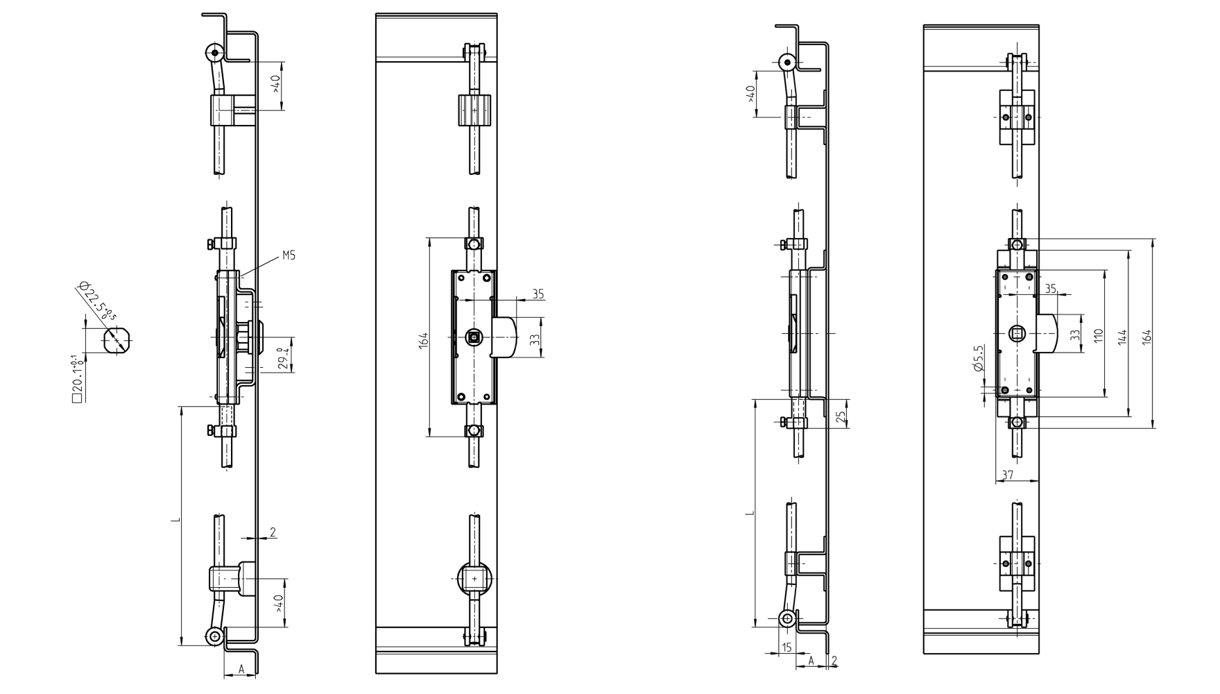 Låsekasse, stål, universel, L=164, D=8, A-mål=20 og 26