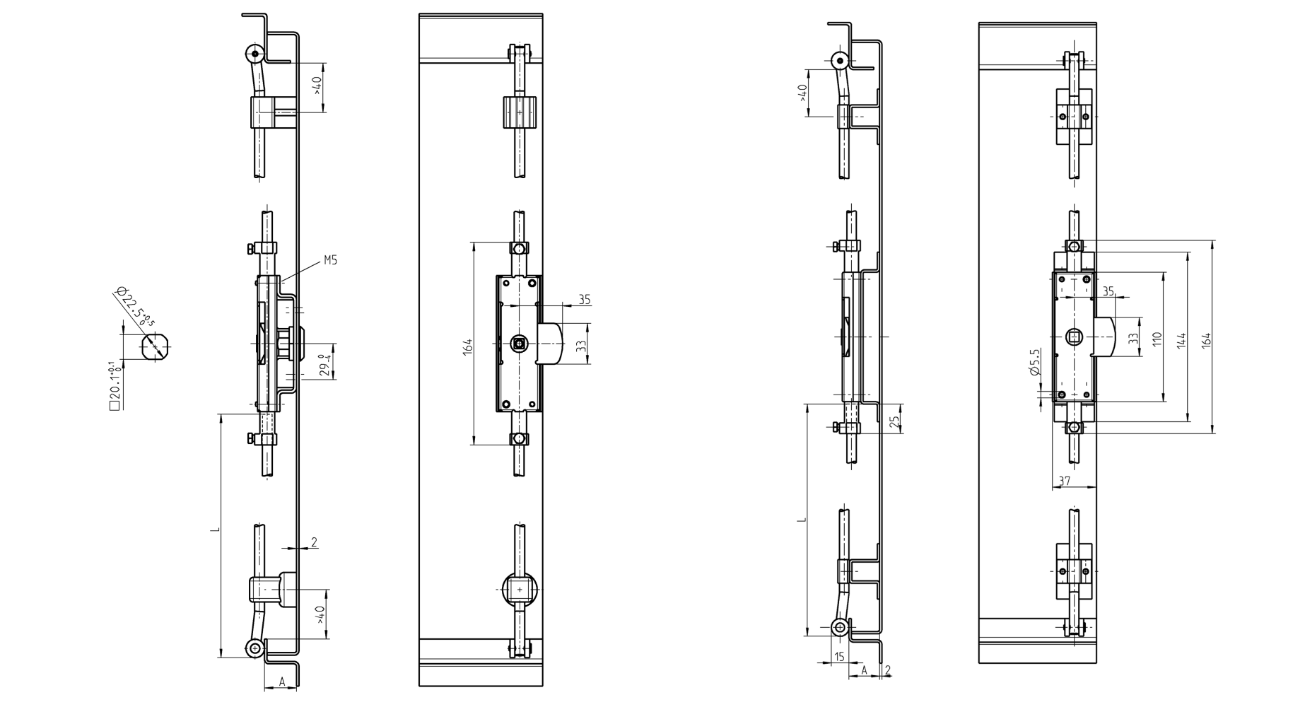 Låsekasse, stål, universel, L=164, D=8, A-mål=20 og 26