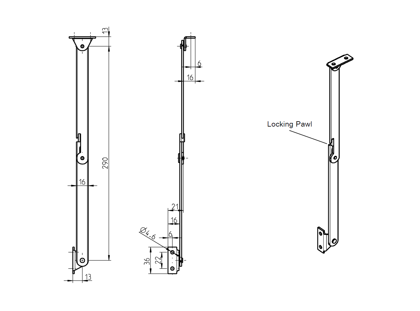 Lågeholder, stål, 1 position(er), L=290mm, Ø4,6mm huller