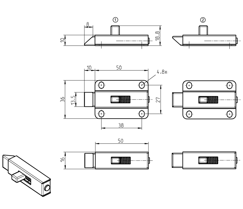 Smæklås, stål, påsvejsning, længde=60, bredde=16, højde=18,8, udgave 2