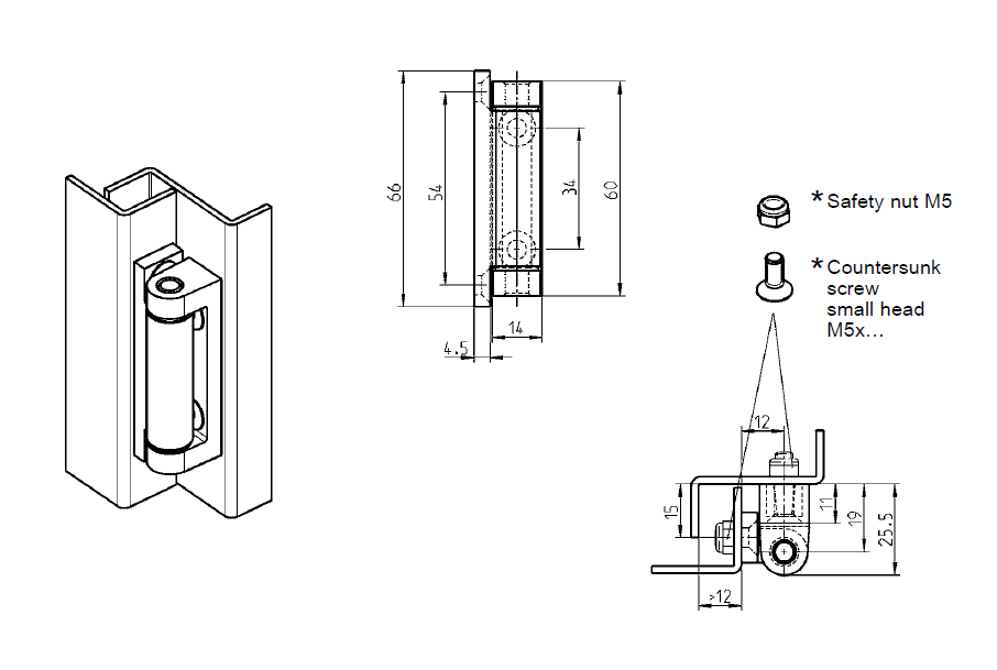 Kabinethængsel, trykstøbt zink, udvendig synlig, fast dorn, L=66, B=18,5, H=25,5