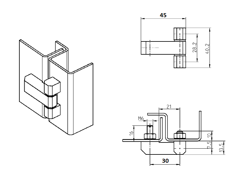 Kabinethængsel, stål, indvendig synlig, fast dorn, L=40,2, B=45, H=13,5