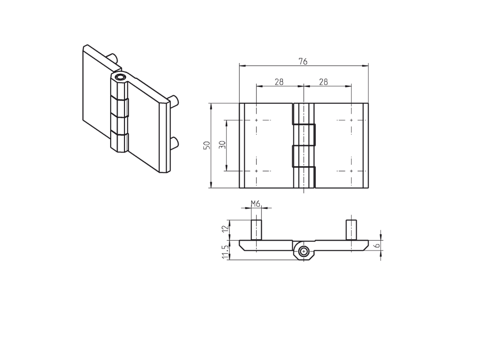 Kabinethængsel, trykstøbt zink, indvendig synlig, fast dorn, L=50, B=76, H=11,5