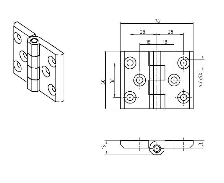 Kabinethængsel, trykstøbt zink, indvendig synlig, fast dorn, L=60, B=76, H=15