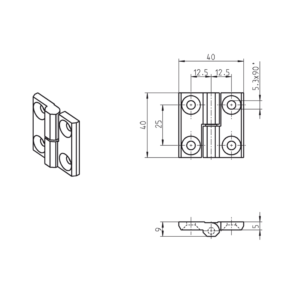 Kabinethængsel, syrefast stål, indvendig synlig, lift off dorn, L=40, B=40, H=9