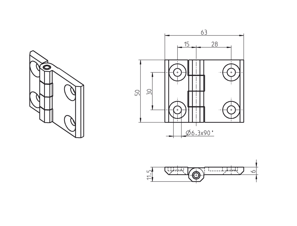 Kabinethængsel, syrefast stål, indvendig synlig, fast dorn, L=50, B=63, H=11,5