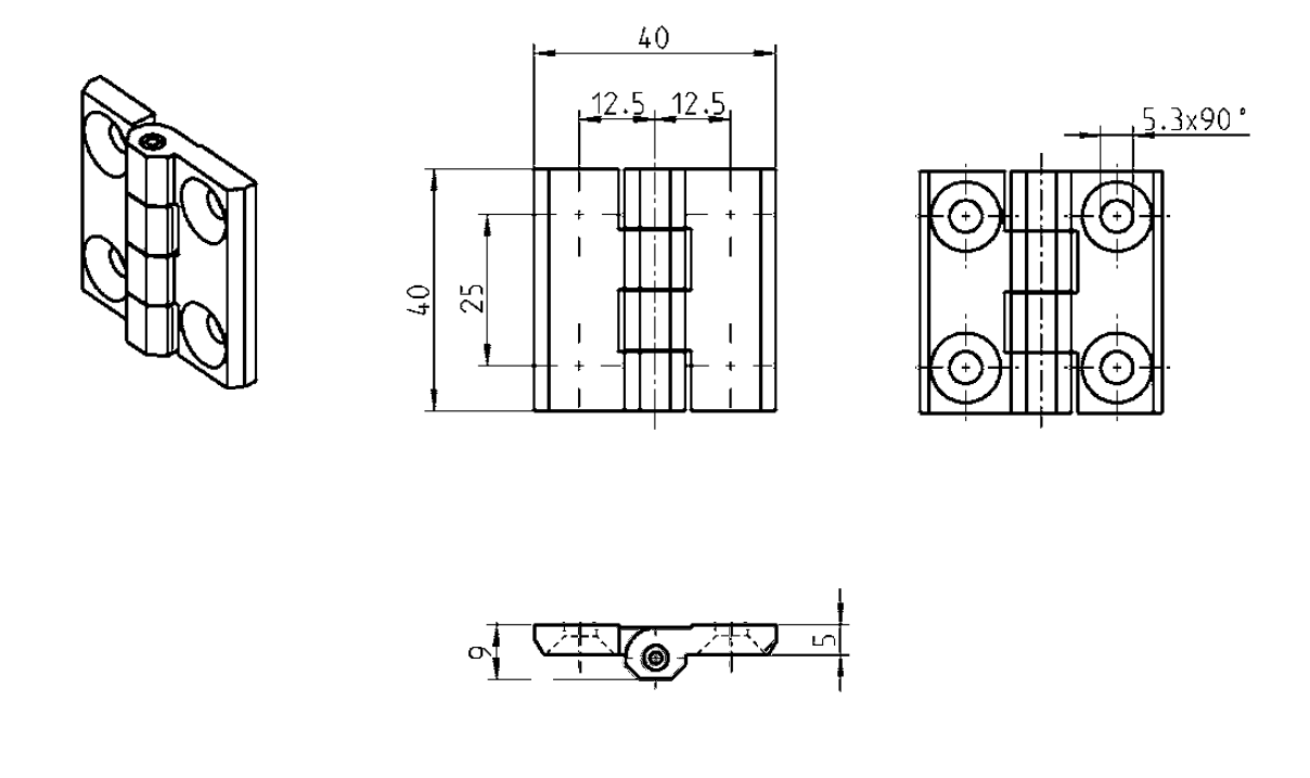 Kabinethængsel, syrefast stål, indvendig synlig, fast dorn, L=40, B=40, H=9