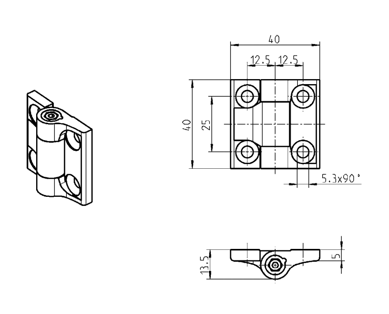 Friktionshængsel, trykstøbt zink,  justerbar, L=40, B=40, H=13,5
