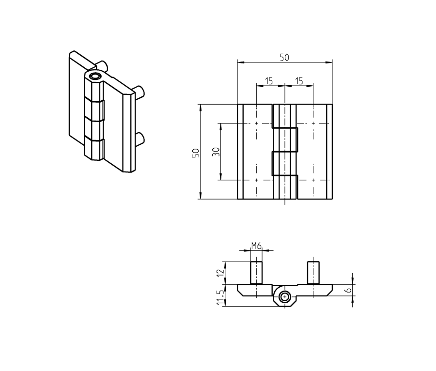 Kabinethængsel, trykstøbt zink, indvendig synlig, fast dorn, L=50, B=50, H=11,5