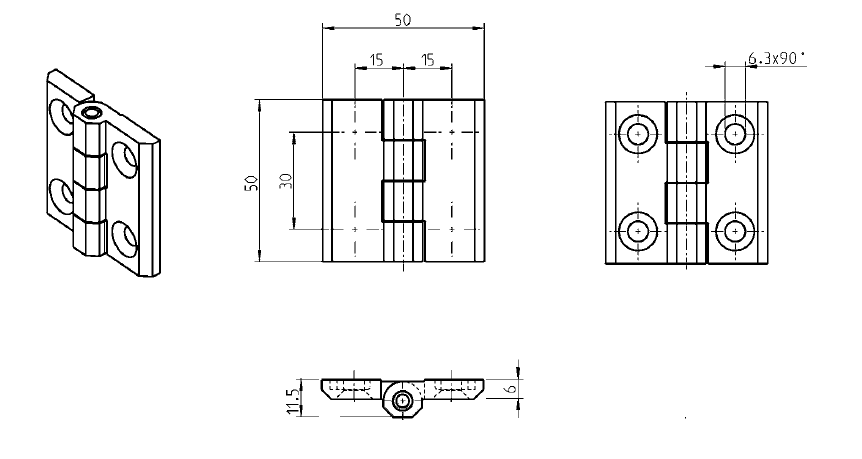 Kabinethængsel, trykstøbt zink, indvendig synlig, fast dorn, L=50, B=50, H=11,5