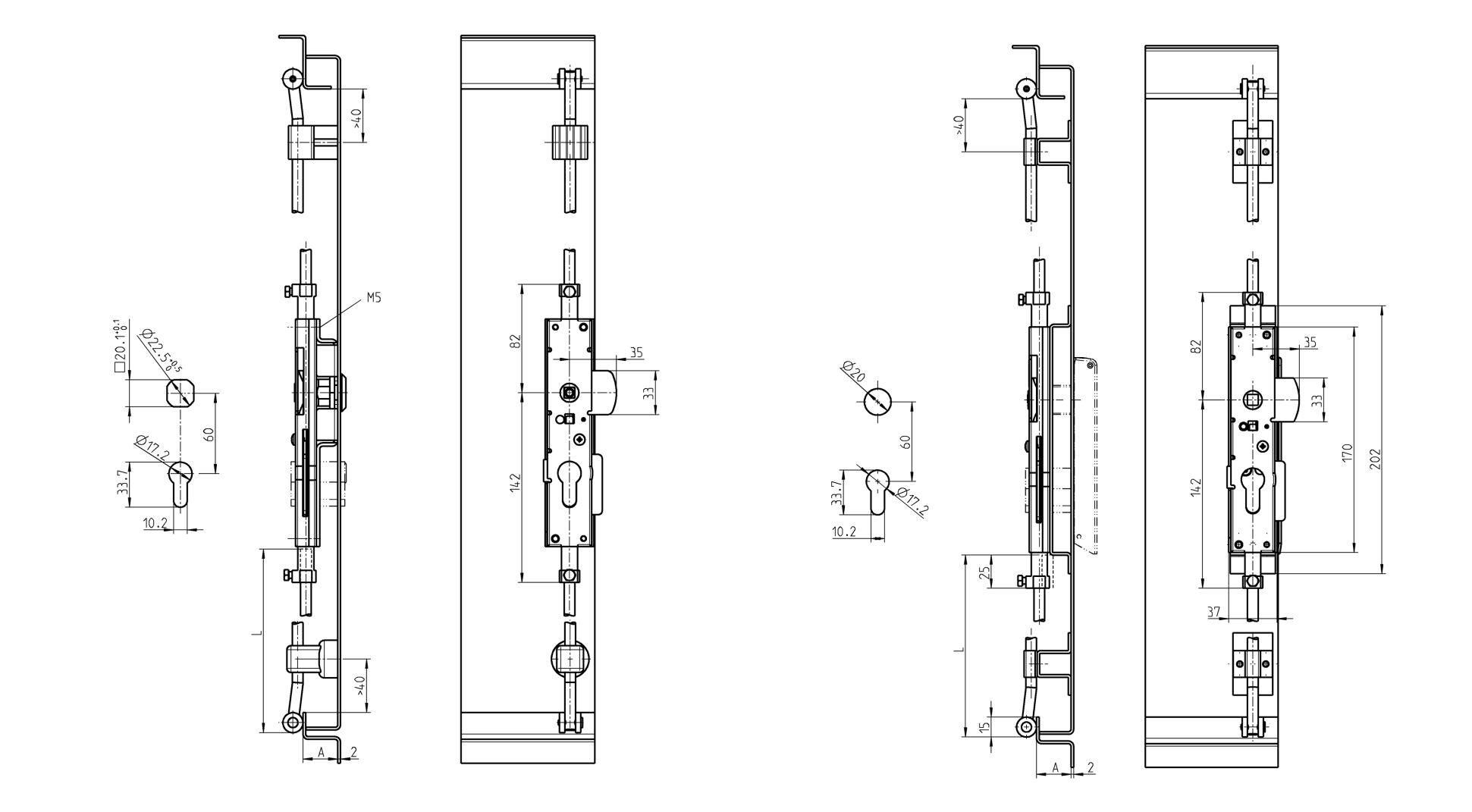 Låsekasse, stål, universel, L=224, D=8, A-mål=20 og 26