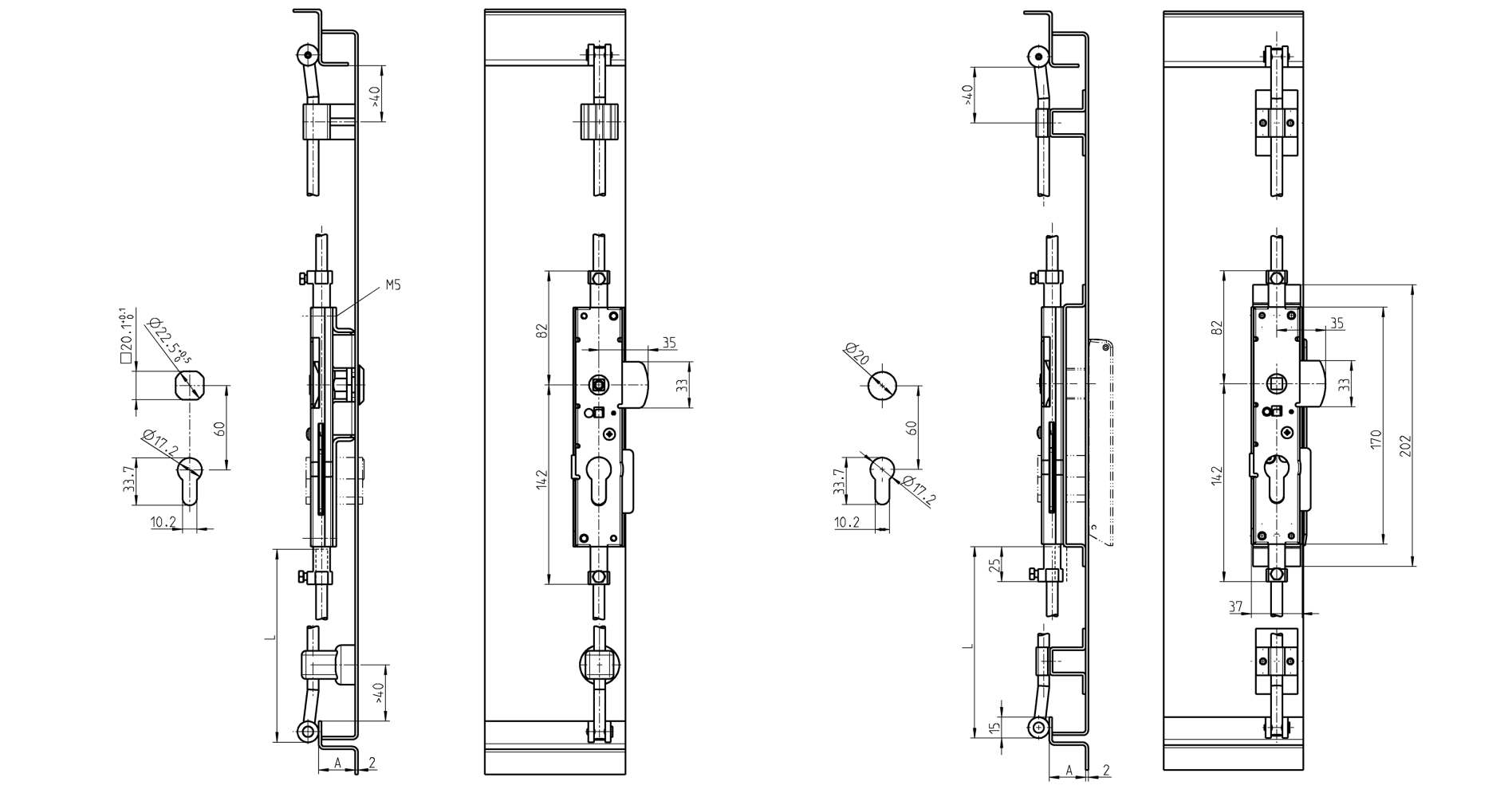 Låsekasse, stål, universel, L=224, D=8, A-mål=20 og 26