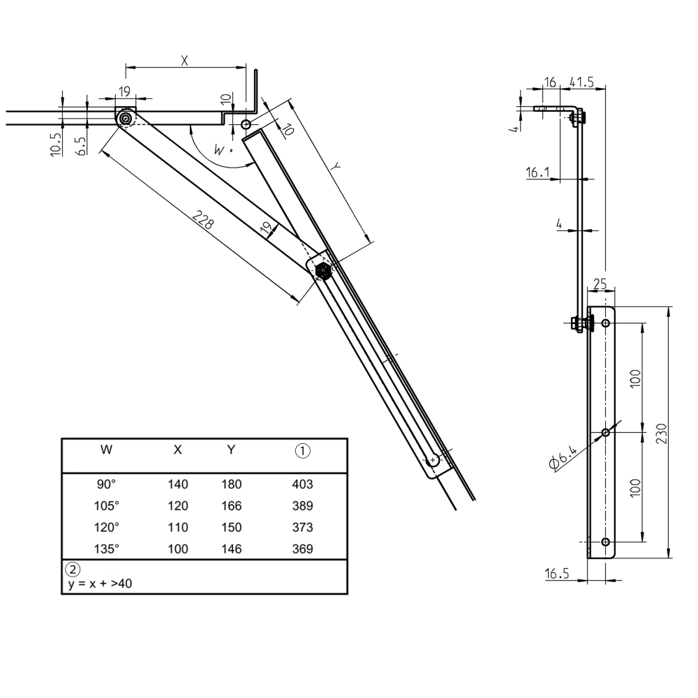 Dørholder, stål, L=230mm, Ø6,4mm huller, Hulmål=100mm