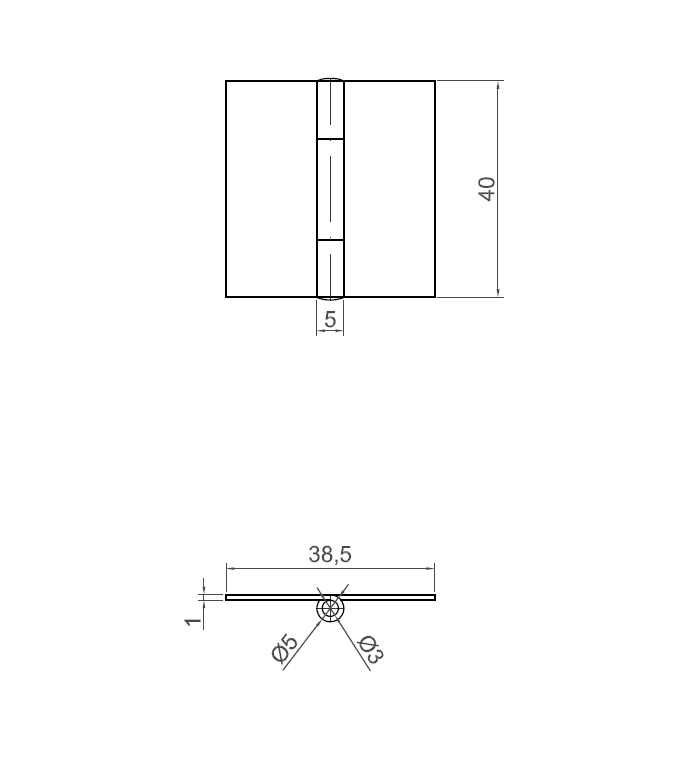 Kanthængsel uden huller, rustfrit stål, L=40, B=38,5, T=1