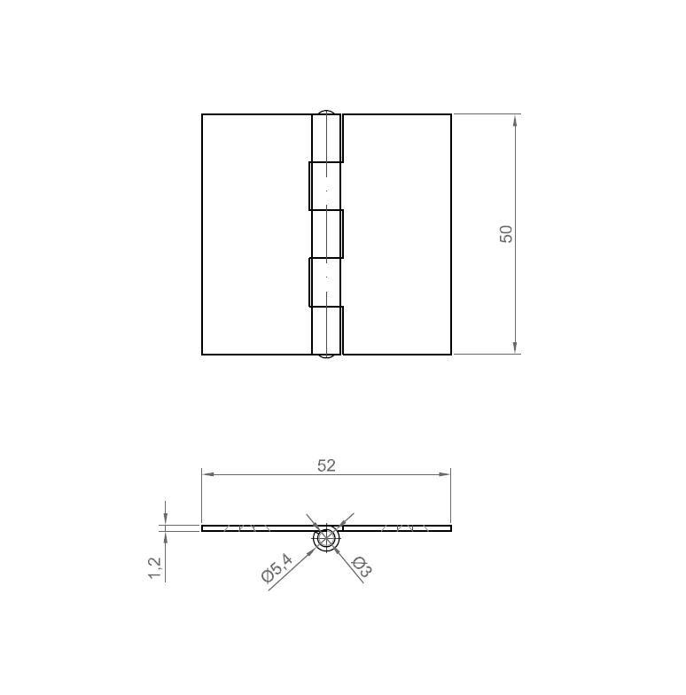 Kanthængsel uden huller, rustfrit stål, L=50, B=52, T=1,2