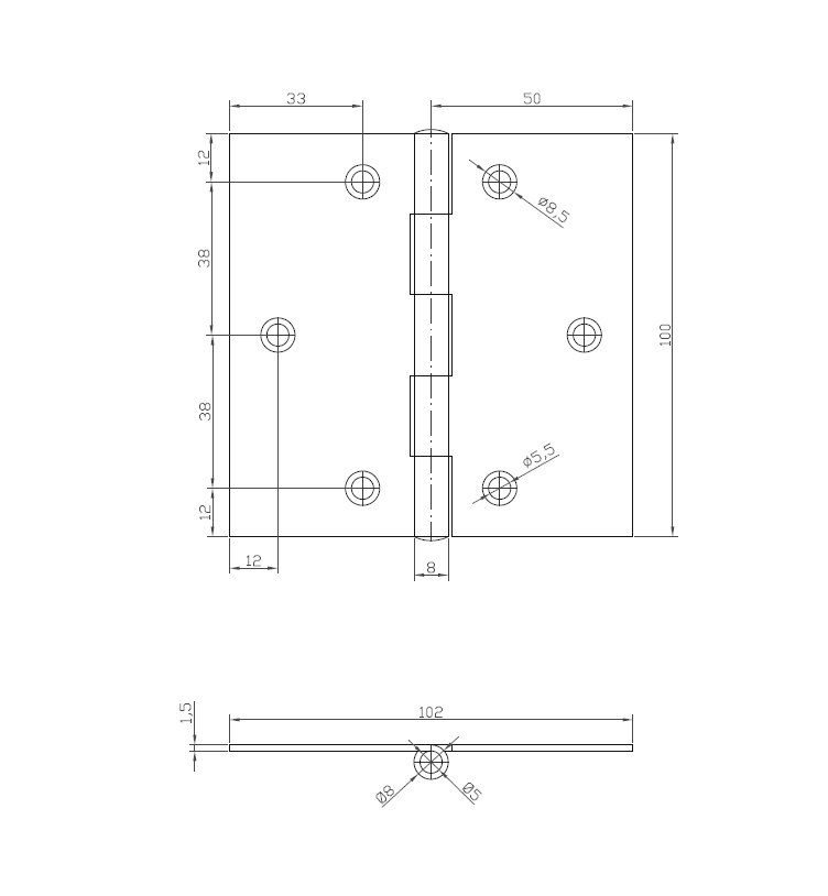 Kanthængsel med huller, rustfrit stål, L=100, B=102, T=1,5