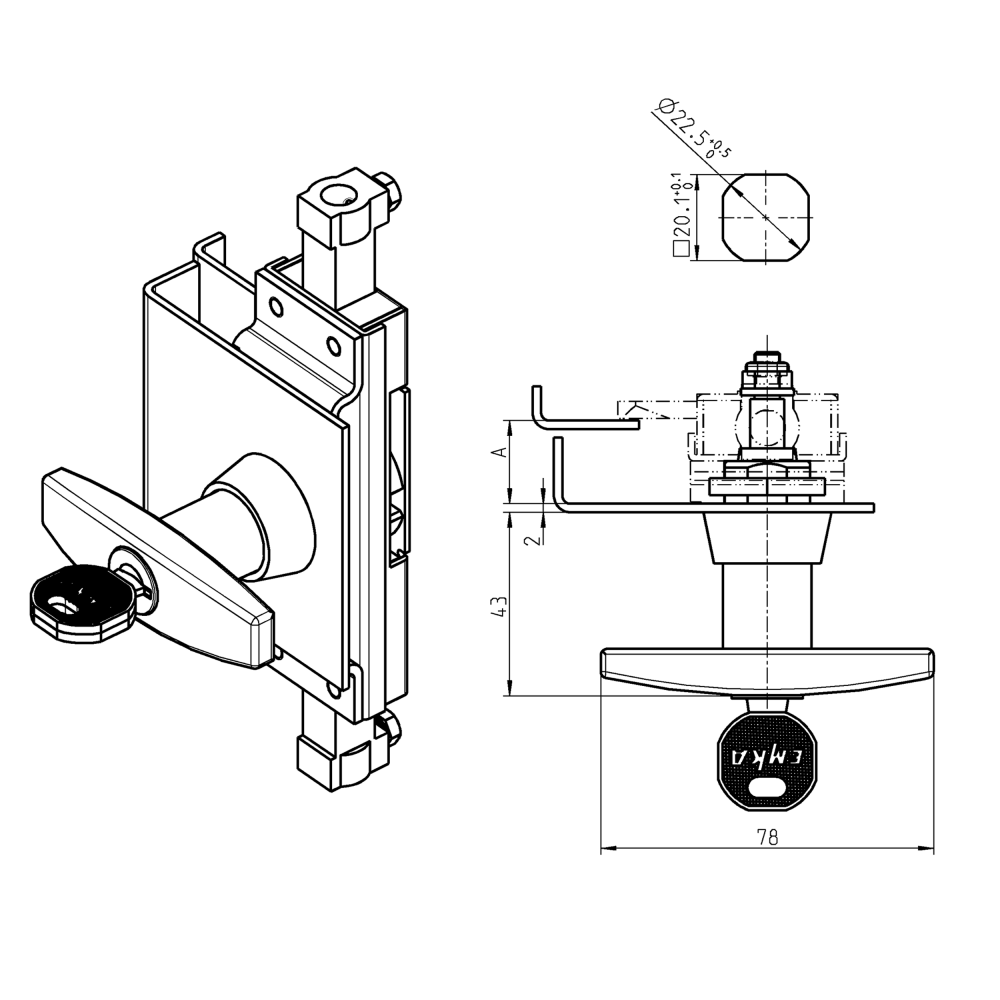 T-greb, trykstøbt zink, påskruning, L=78, A-mål=20, Enslåsende EK333