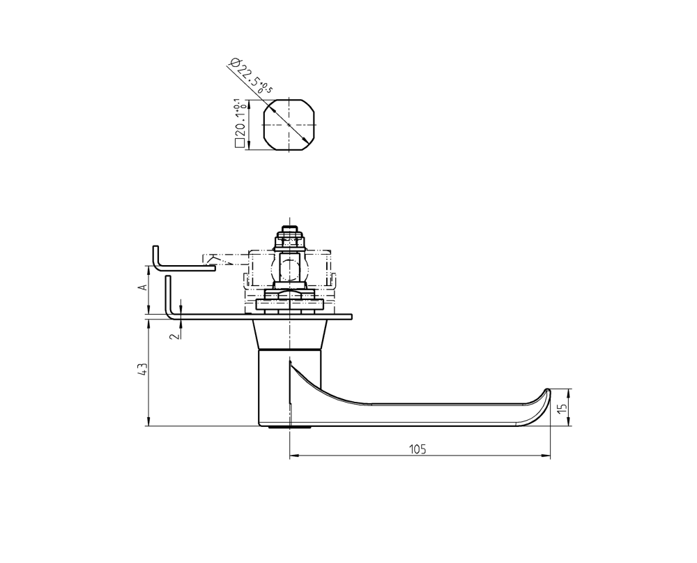 L-greb, trykstøbt zink, påskruning, L=105, A-mål=26, Uden lås