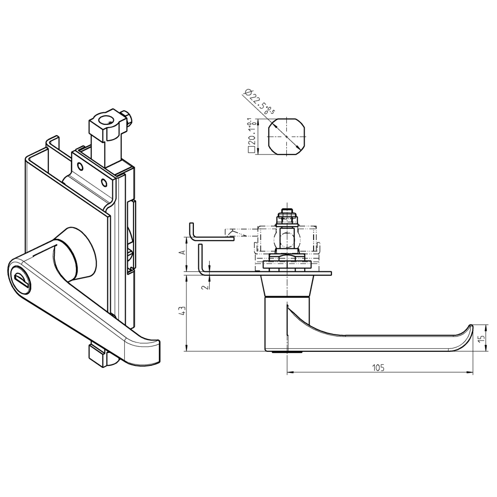 L-greb, trykstøbt zink, påskruning, L=105, A-mål=20, Med lås