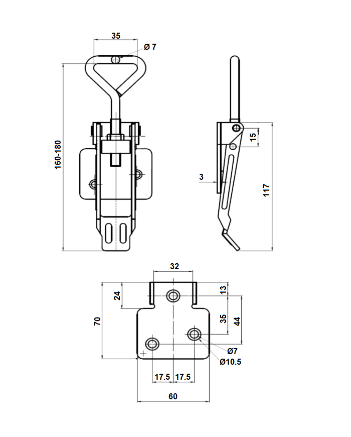 Snaplås, syrefast stål, L=187, B=60, H=23, justerbar