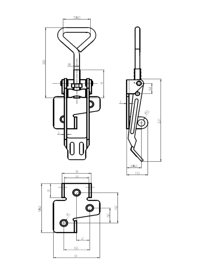 Snaplås, stål, L=187, B=60, H=27,5, justerbar