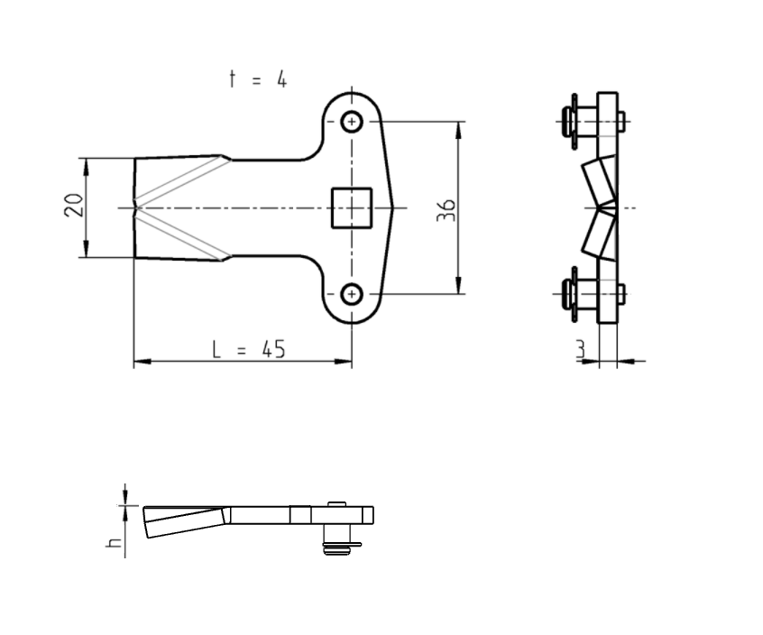 Tunge, stangtræk, stål, L=45, B=20, offset højde=0 mm.