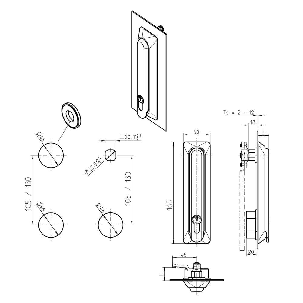 Svinggreb, glasfiberforstærket polyamid, profilhalvcylinder 40mm, L=165, B=50, H=20, Pladetykkelse=2-12