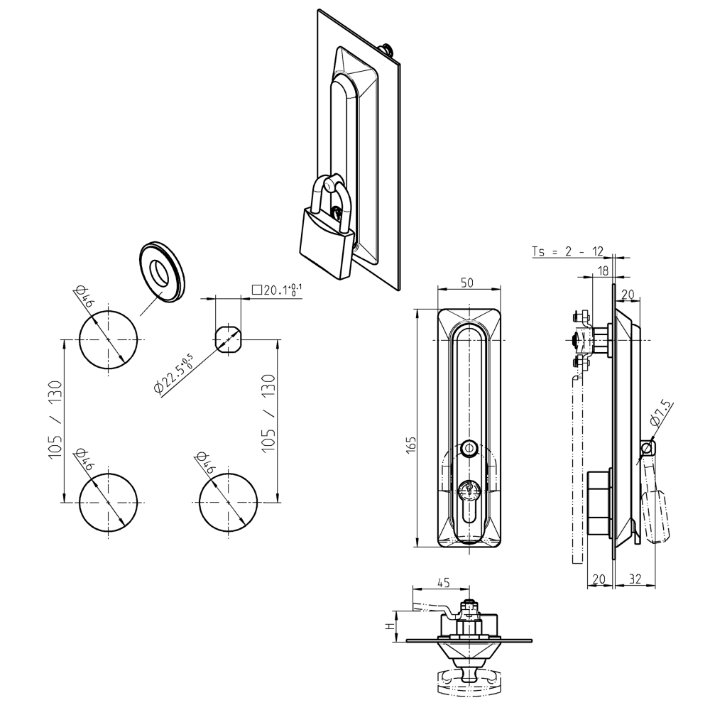Svinggreb, glasfiberforstærket polyamid, profilhalvcylinder 40mm, L=165, B=50, H=32, Pladetykkelse=2-12
