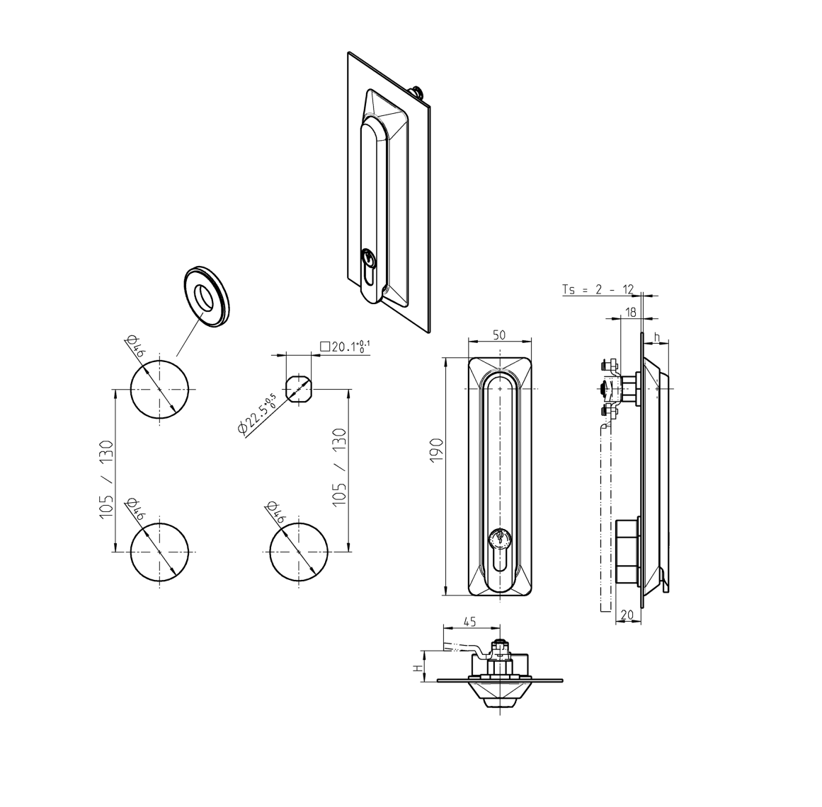 Svinggreb, glasfiberforstærket polyamid, profilhalvcylinder 40mm, L=190, B=50, H=20, Pladetykkelse=2-12
