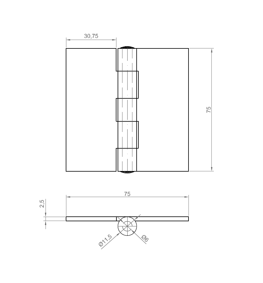 Kanthængsel uden huller, syrefast stål, L=75, B=75, T=2,5