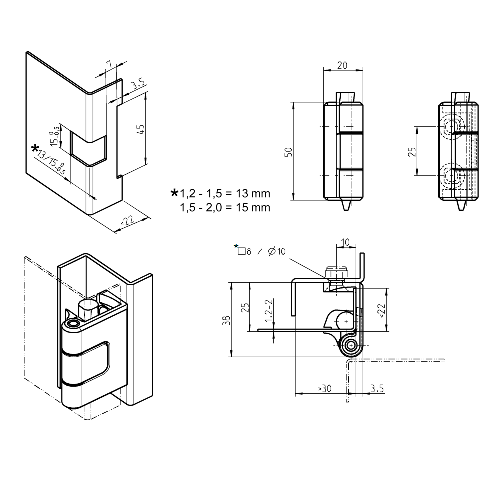 Kabinethængsel, trykstøbt zink, udvendig synlig, fast dorn, L=50, B=20, H=38