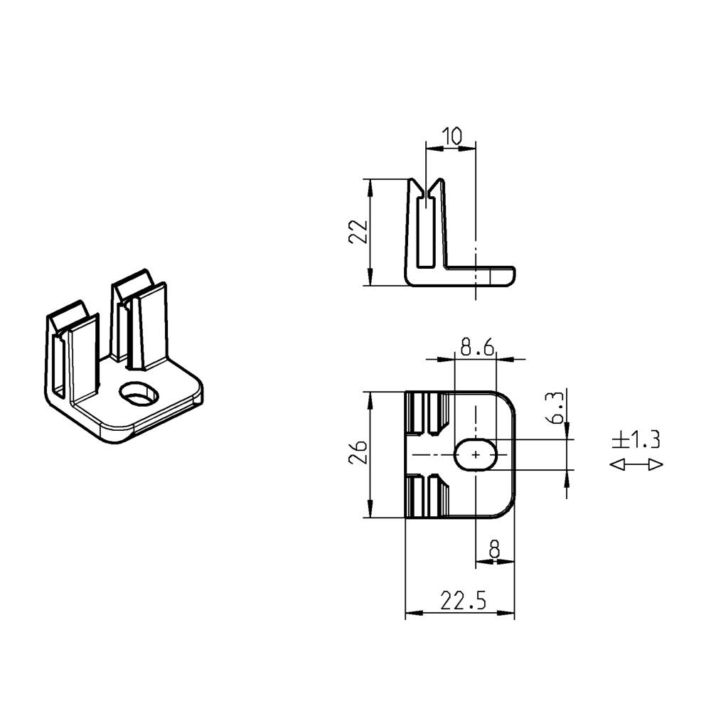 Stangføring, glasfiberforstærket polyamid, L=26, B=22,5, H=22