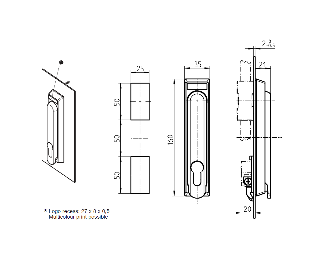 Svinggreb, glasfiberforstærket polyamid, profilhalvcylinder 40mm, L=160, B=25, H=21, Pladetykkelse=1,5-2