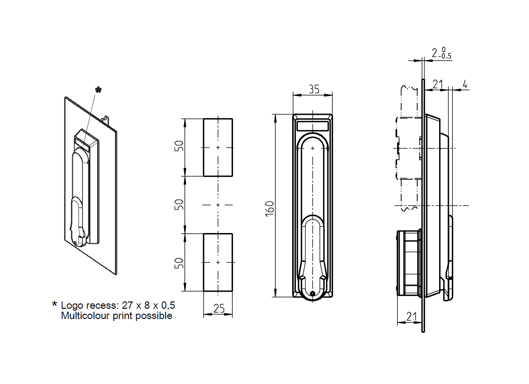 Svinggreb, syrefast stål, profilhalvcylinder 40mm, L=160, B=25, H=21, Pladetykkelse=1,5-2