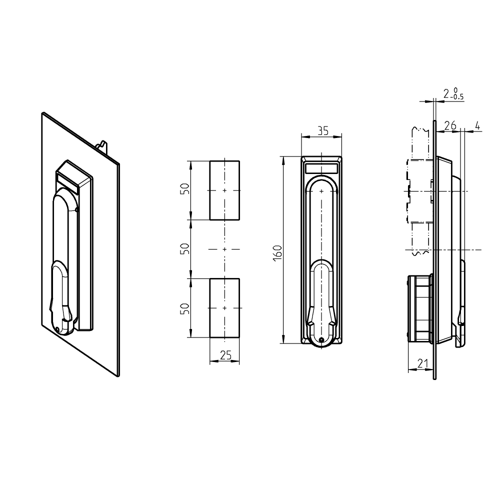 Svinggreb, glasfiberforstærket polyamid, assa cylinder, L=160, B=35, H=26, Pladetykkelse=1,5-2