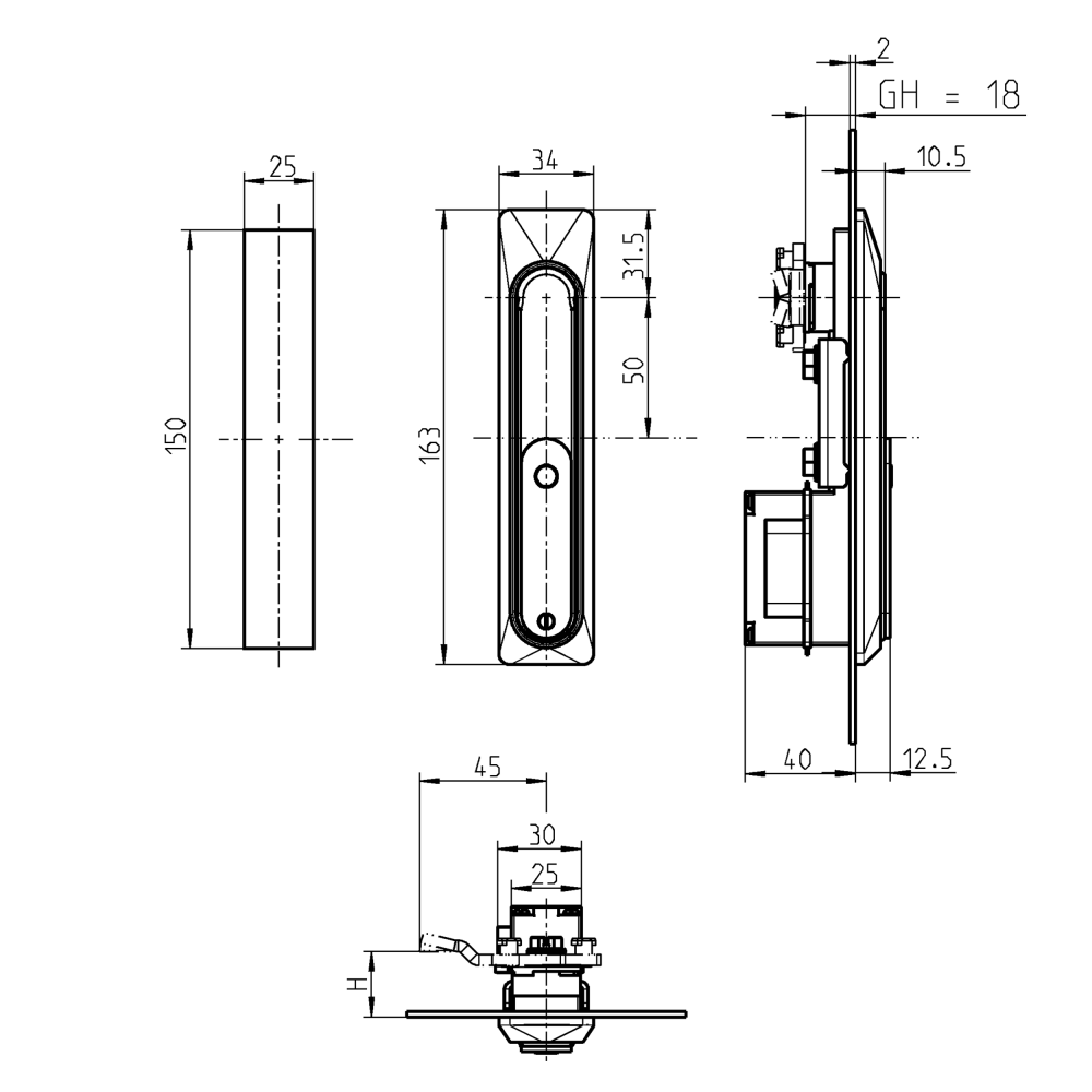 Svinggreb, syrefast stål, profilhalvcylinder 40mm, L=163, B=34, H=12,5, Pladetykkelse=2-2