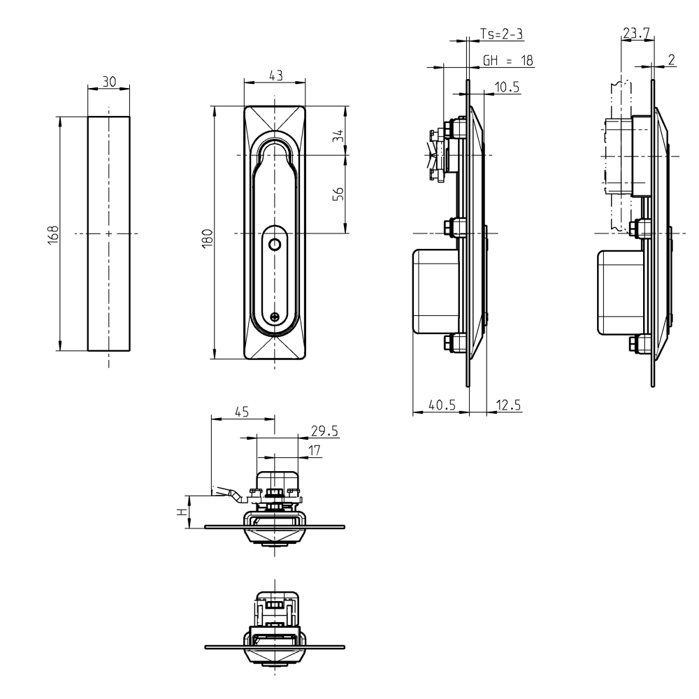 Svinggreb, syrefast stål, profilhalvcylinder 40mm, L=180, B=43, H=12,5, Pladetykkelse=2-3