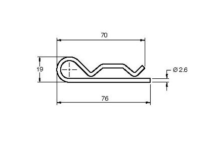 Åben fjedersplit, ubehandlet rustfrit stål, L=76mm, H=19mm, tråddiameter=2,6mm
