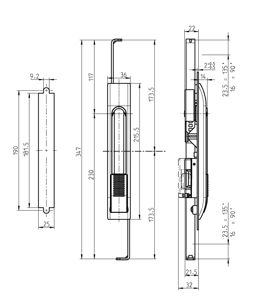 Svinggreb, glasfiberforstærket polyamid, trykknap, L=215,5, B=36, H=14, Pladetykkelse=1,5-2,5