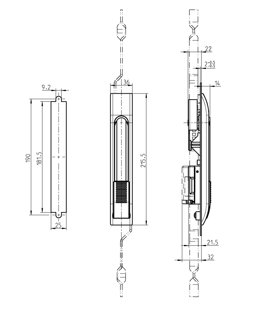 Svinggreb, glasfiberforstærket polyamid, trykknap, L=215,5, B=36, H=14, Pladetykkelse=1,5-2,5