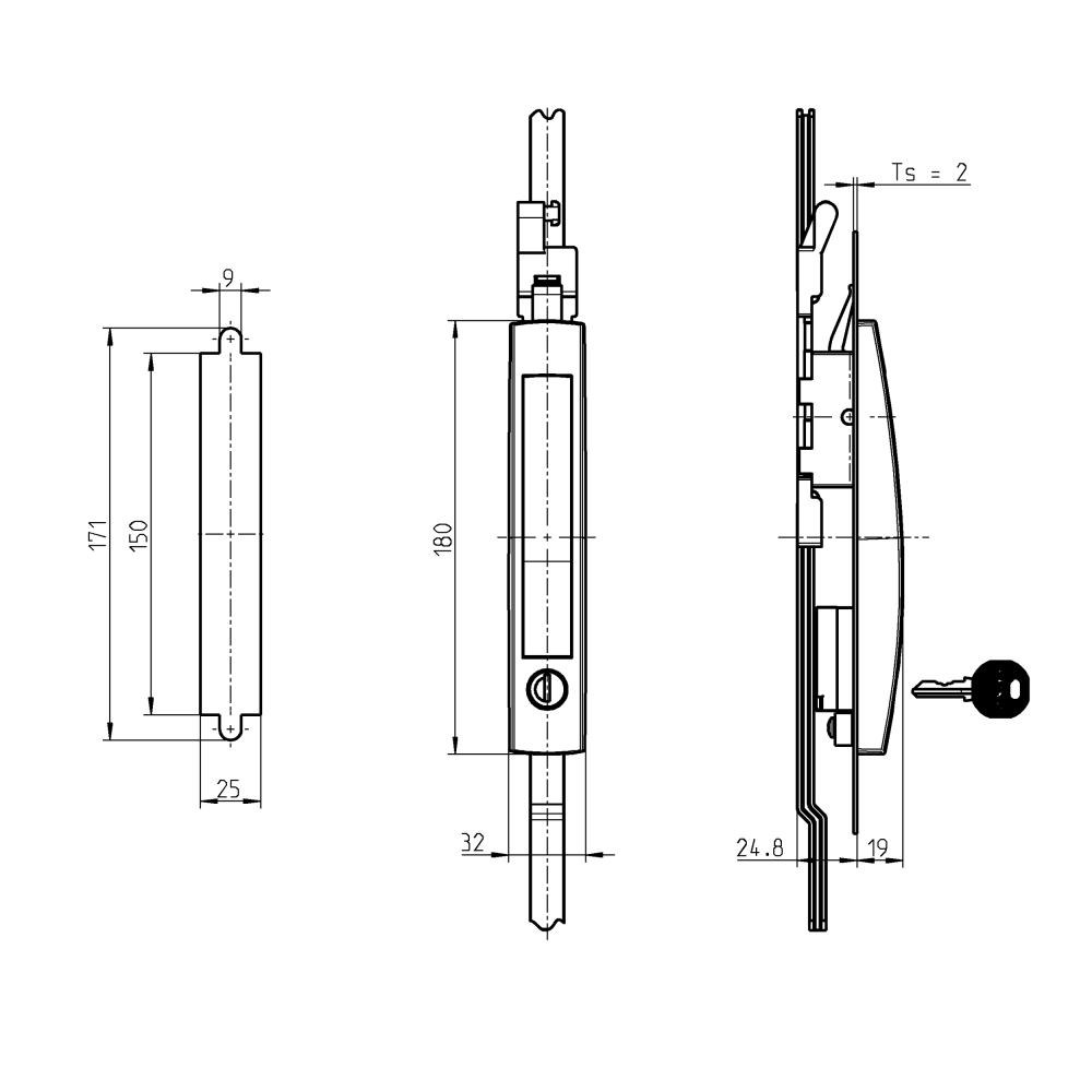 Løftegreb kompletsæt, glasfiberforstærket polyamid, cylinderlås, L=180, B=32, H=19, Pladetykkelse=2-2