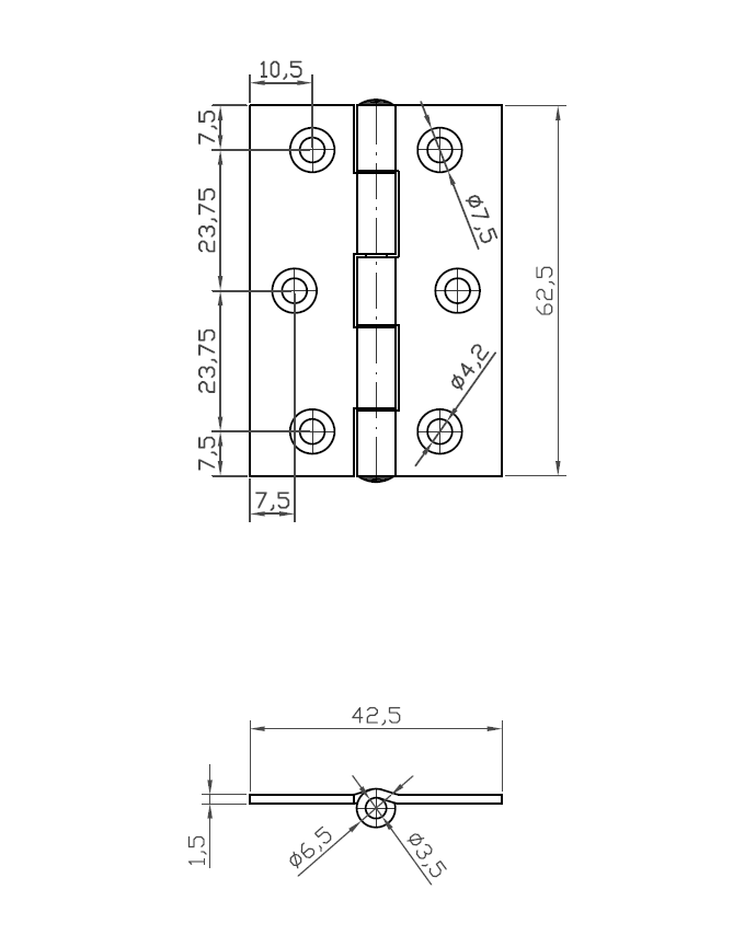 Kanthængsel med huller, stål, L=62,5, B=42,5, T=1,5