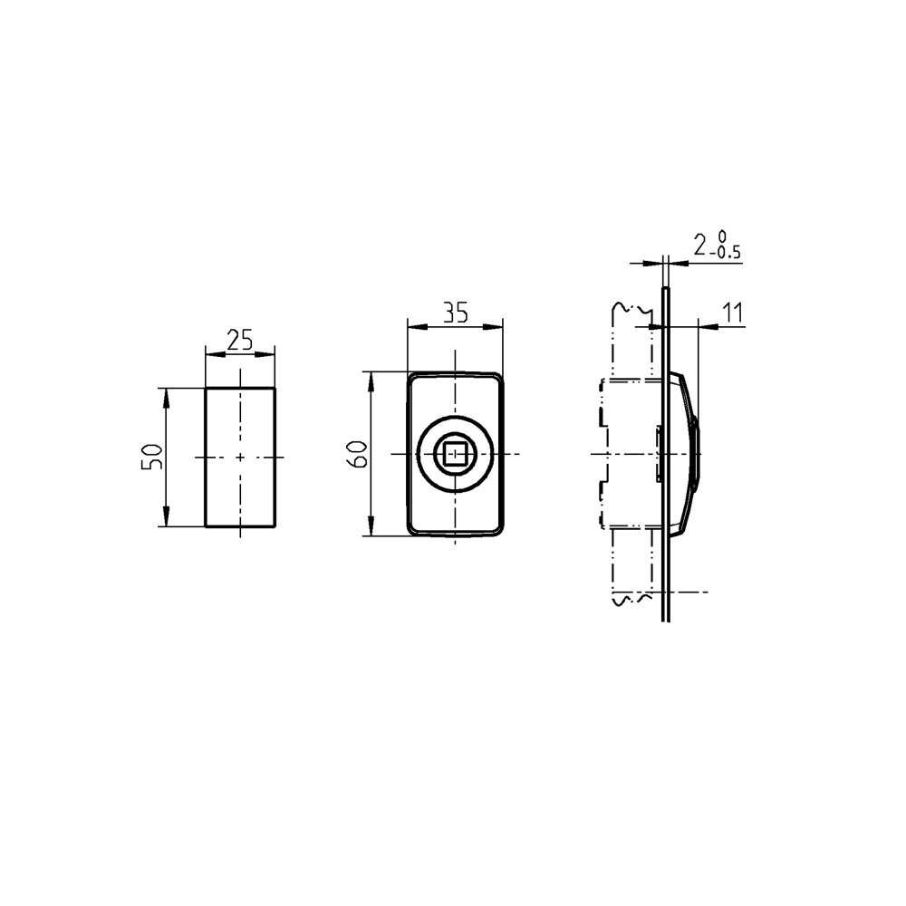 Nøgleskilt til svinggreb, glasfiberforstærket polyamid, indsats, L=60, B=35, H=11, Pladetykkelse=1,5-2
