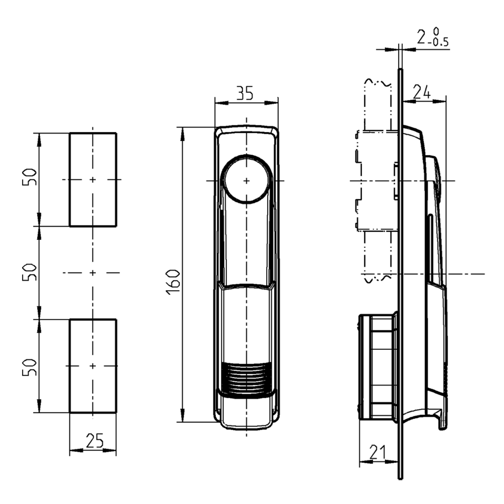 Svinggreb, glasfiberforstærket polyamid, profilhalvcylinder 40mm, L=160, B=35, H=24, Pladetykkelse=1,5-2